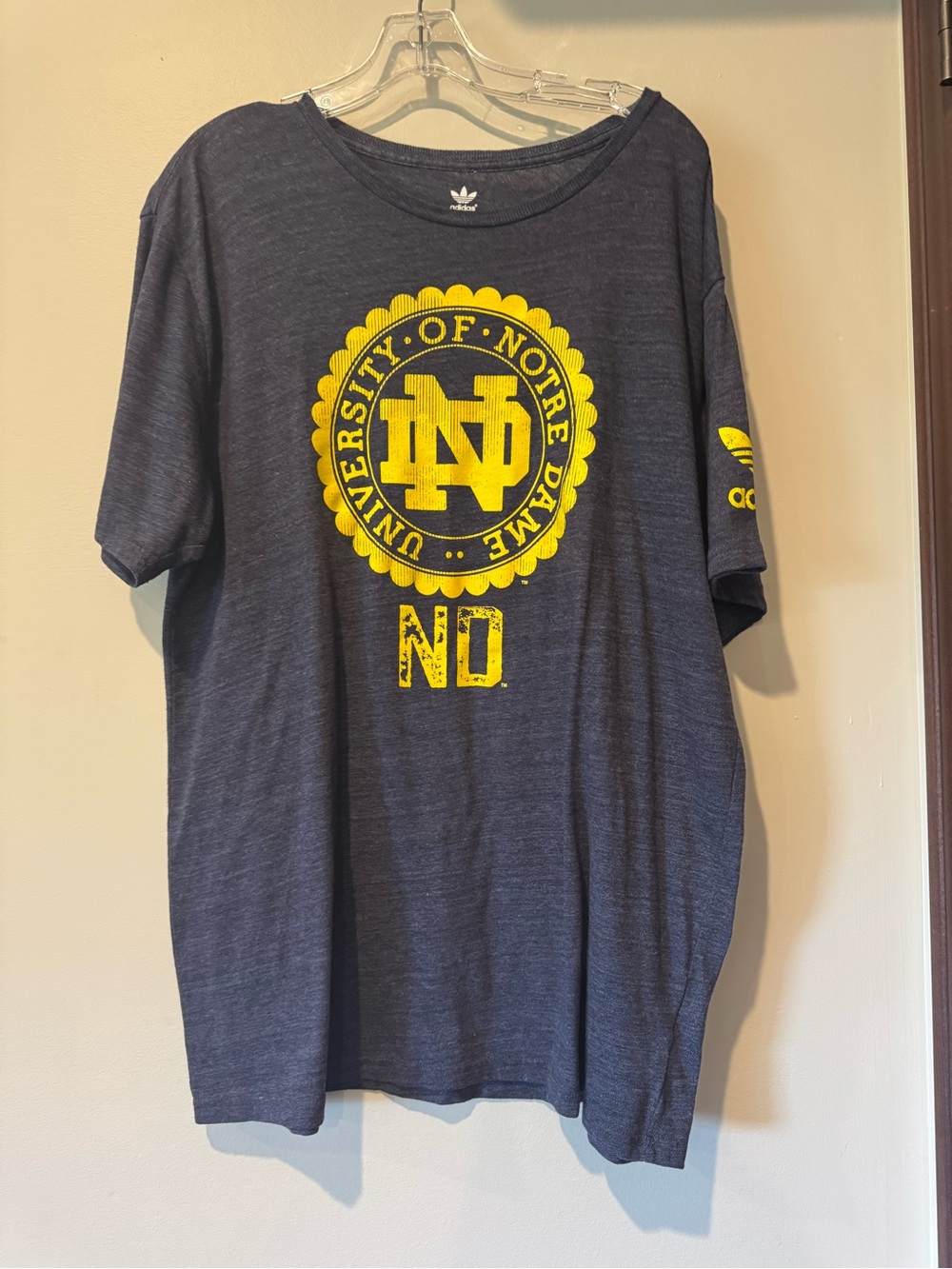 adidas Men’s Navy Blue Notre Dame Yellow Graphic Short Sleeve Tee